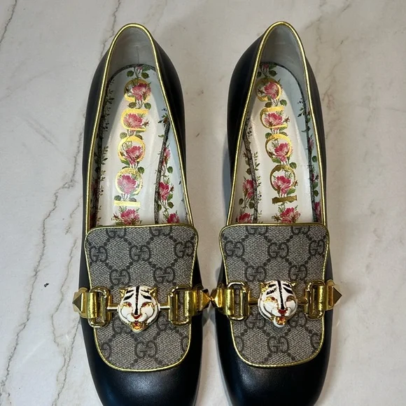 Gucci with Leather GG Supreme Embellished Mid-Heel Loafer Pump (Size 40) - Picture 4 of 13